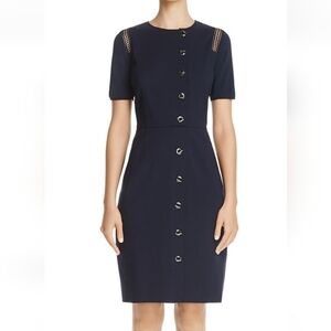 Elie Tahari Tarina Navy Blue Toggle Front Crochet Trim Sheath Dress - Size 0